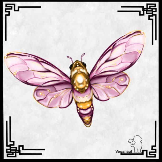 Eine stilisierte, rosa Schmetterling mit goldenen Akzenten vor hellem Hintergrund.