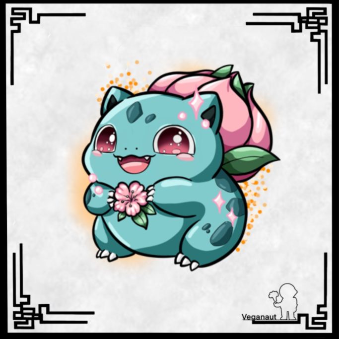 Kleines, niedliches Pokemon mit rosa Blume und glänzenden Augen.